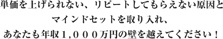 単価を上げられない、リピートしてもらえない原因とマインドセットを取り入れ、あなたも年収１,０００万円の壁を越えてください！