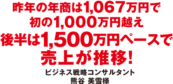 昨年の年商は１,０６７万円で初の１,０００万円越え後半は１,５００万円ペースで売上が推移！